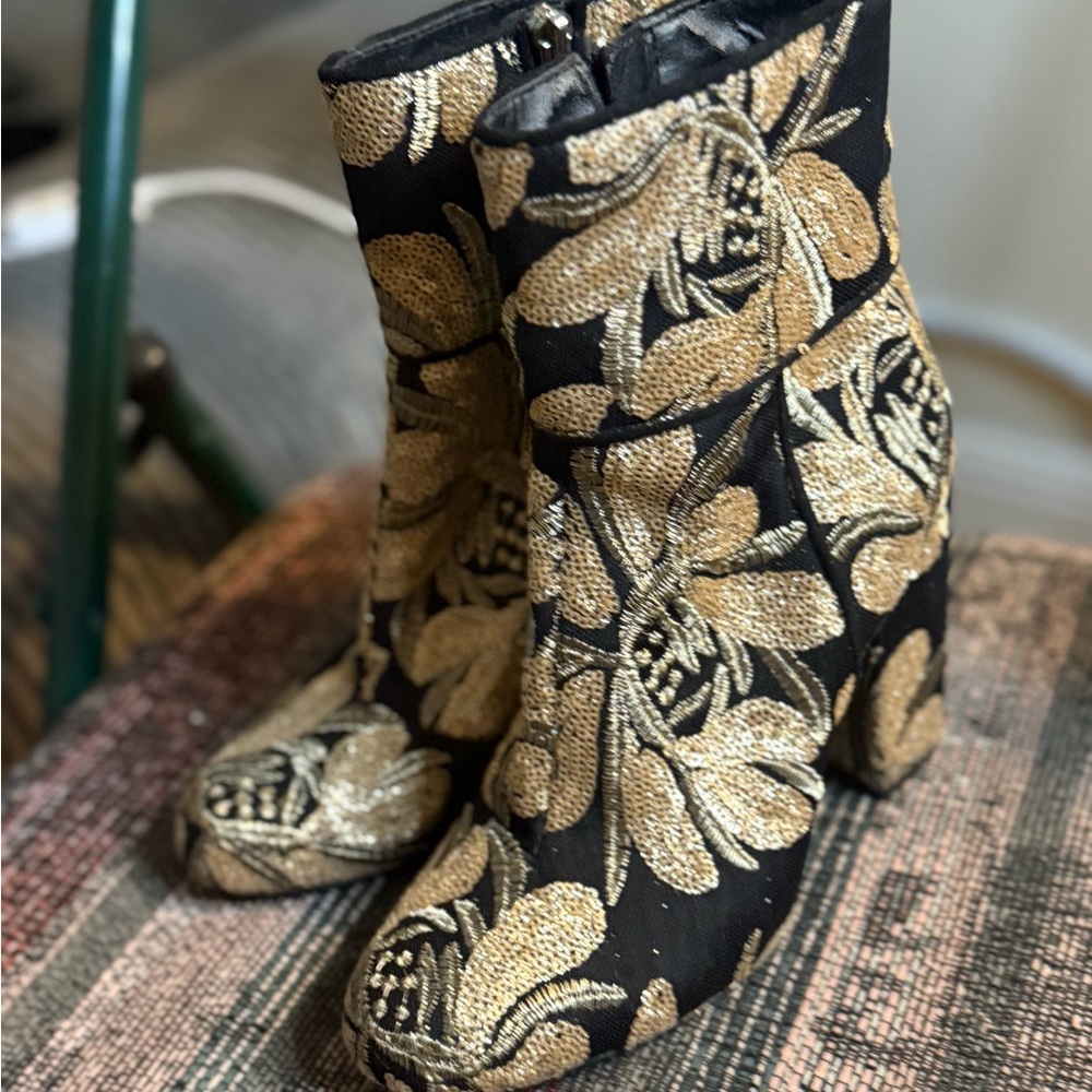 Steve Madden Black and Gold Floral Ankle Boots